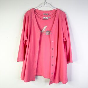 Quacker Factory Twin Set Women L Pink Cotton Embellished Beach Chair Y2K Vintage